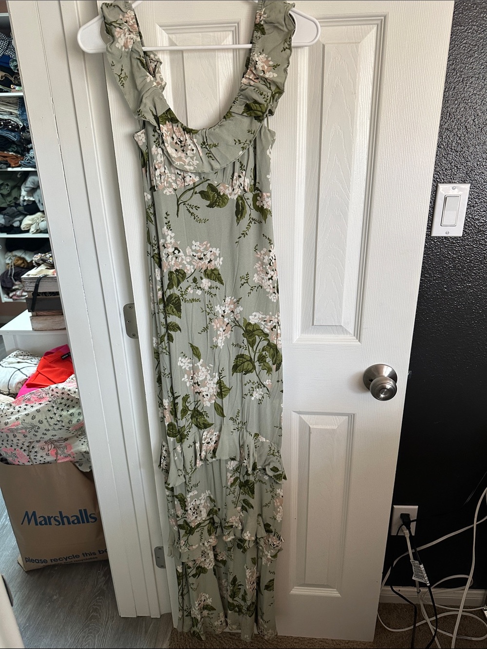Reformation Sage Green Floral Ruffle Strap Maxi Dress